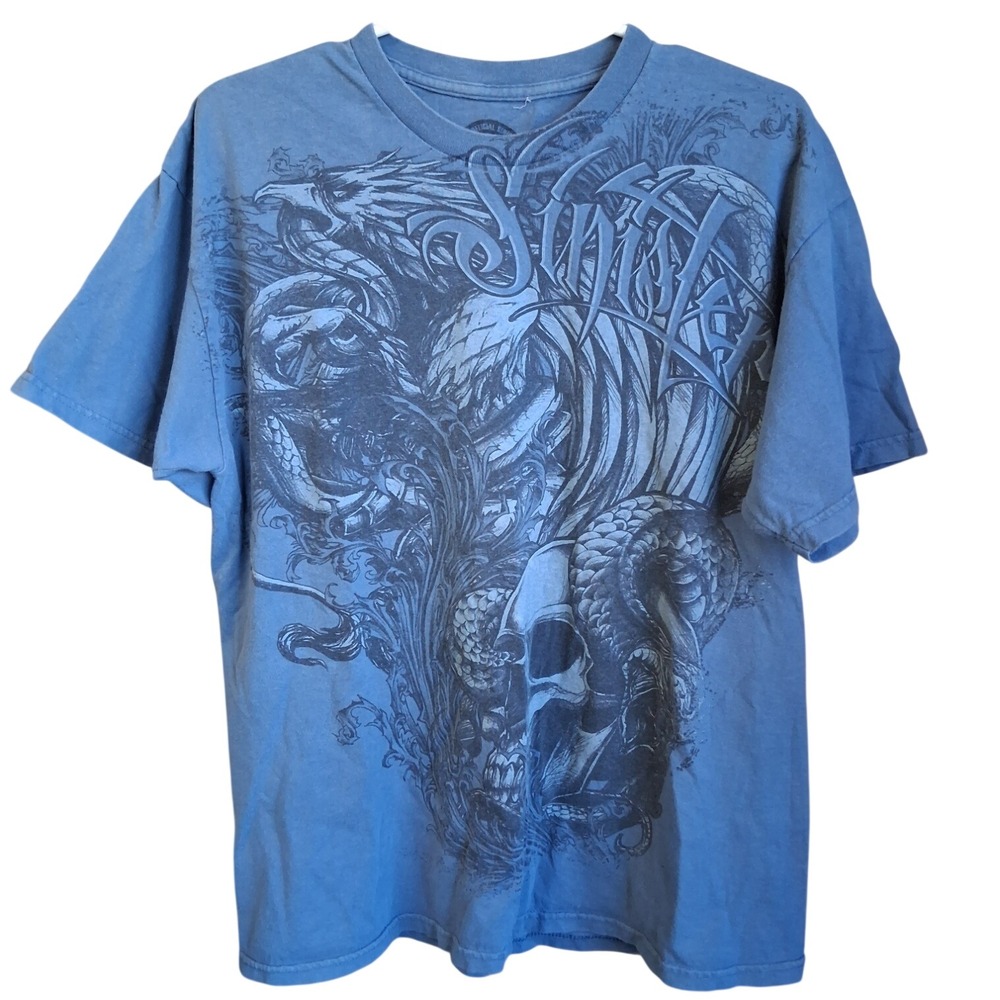 Sinister Skull Blue SS Grunge MMA UFC Y2K Affliction Style Graphic Tee Large EUC
